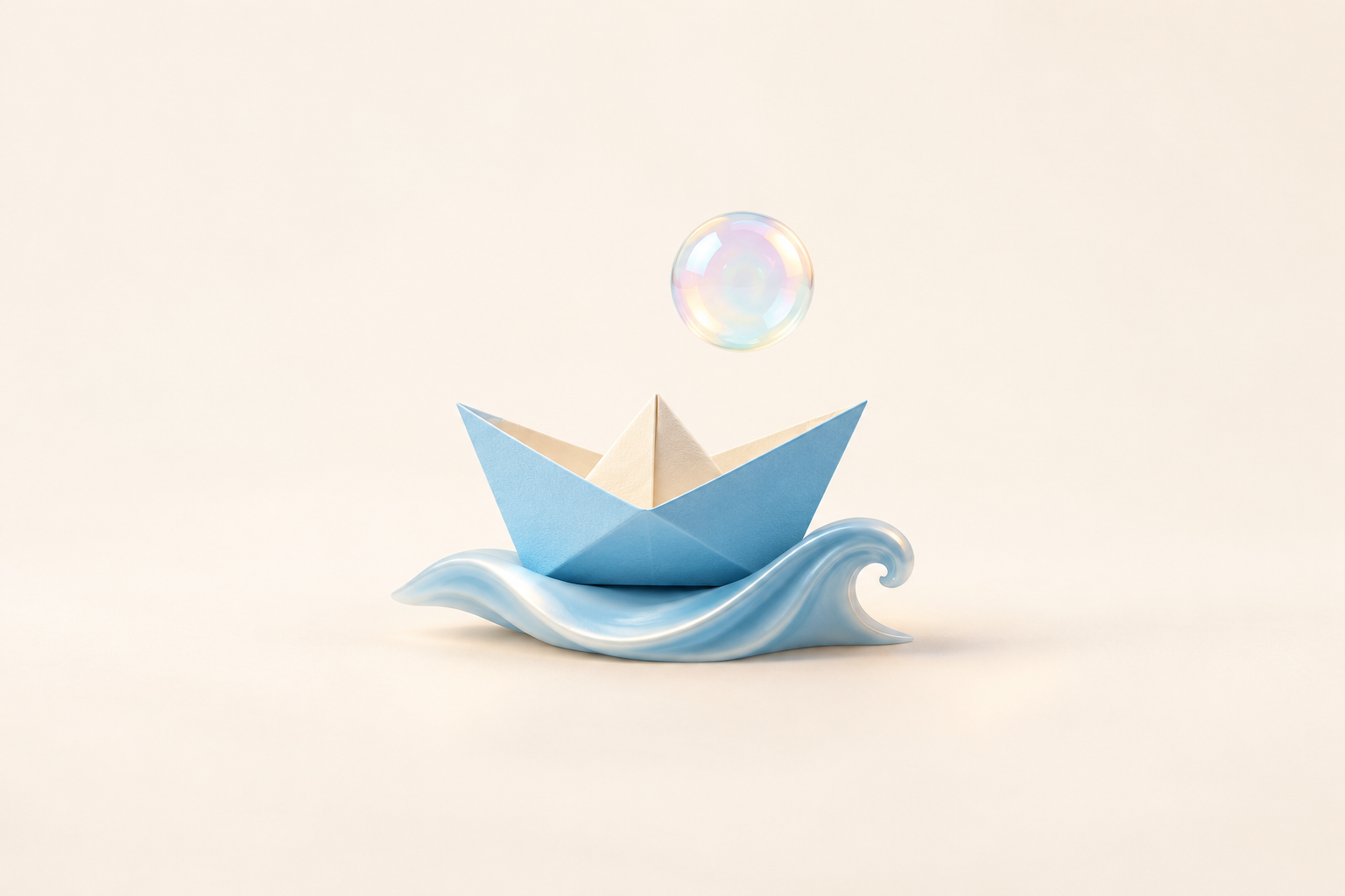 Illustration conceptuelle : un bateau de papier bleu sur une vague sculptée et une bulle nacrée